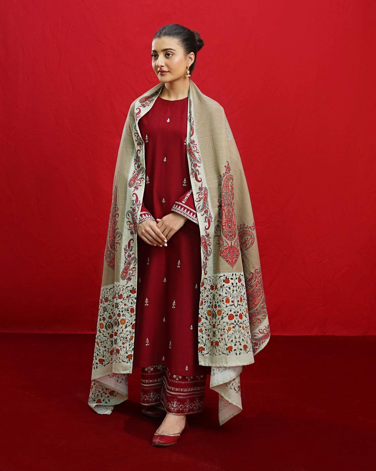 Dhanak Embroidered 3PC with Pashmina Wool Shawl (Unstitched)