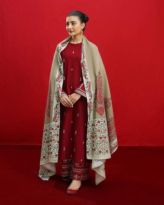 Dhanak Embroidered 3PC with Pashmina Wool Shawl (Unstitched)