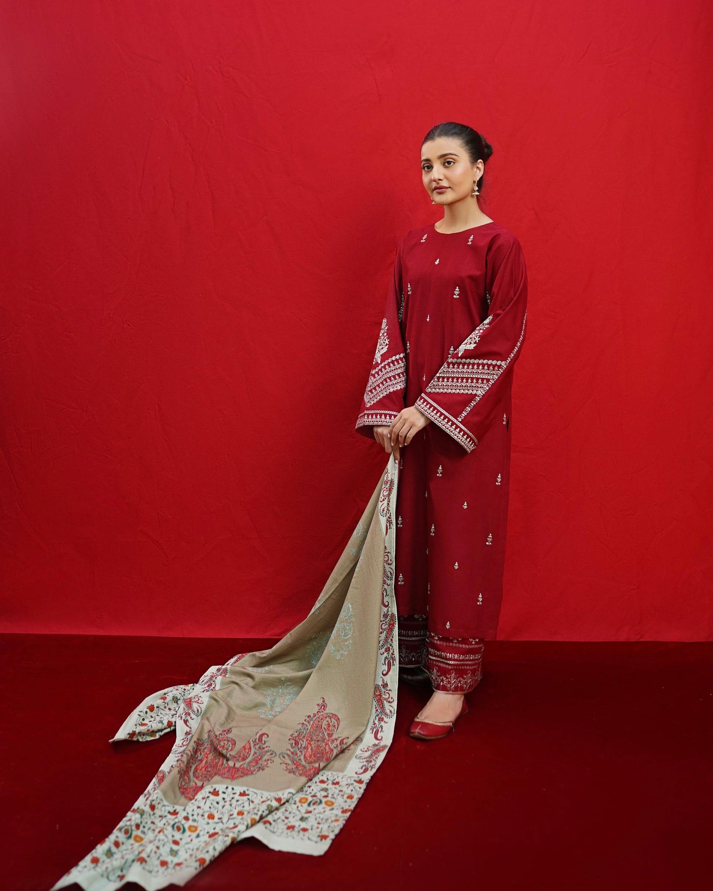 Dhanak Embroidered 3PC with Pashmina Wool Shawl (Unstitched)