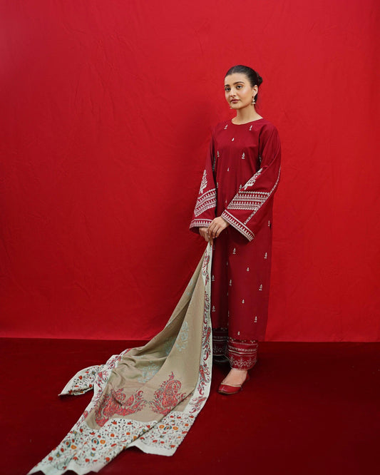 Dhanak Embroidered 3PC with Pashmina Wool Shawl (Unstitched)