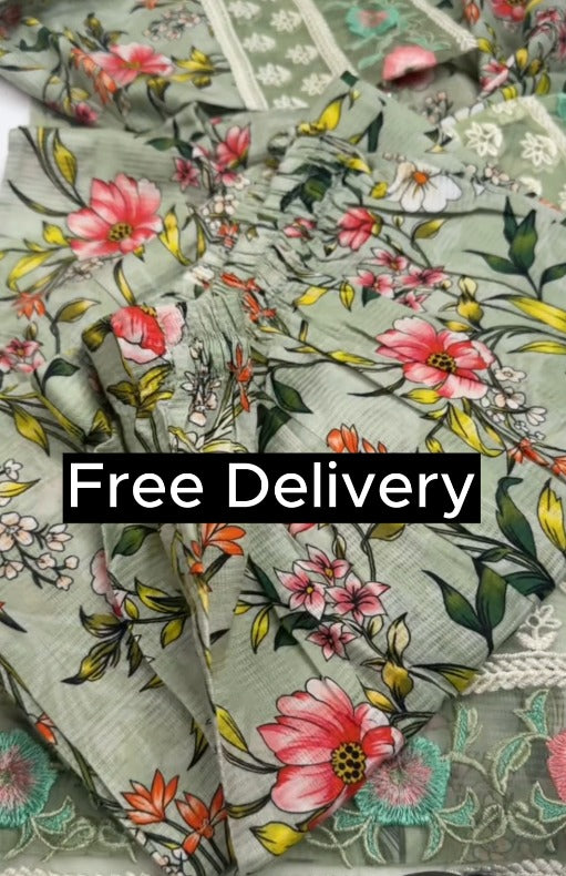 03-Piece Original Digital Print Branded Soft Khaddar with Doria Khaddar Dupatta