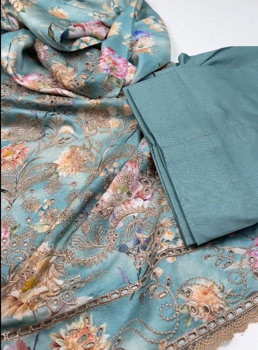 03-Piece Digital Print Doria Linen with Luxury Embroidered