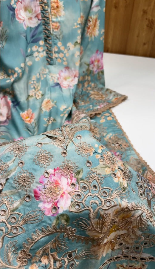 03-Piece Digital Print Doria Linen with Luxury Embroidered